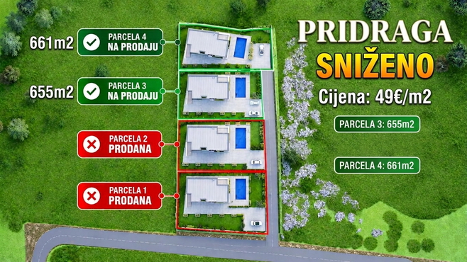 **SNIŽENO!!! PRIDRAGA, dva građ. zemljišta, 655m2 i 661m2!**